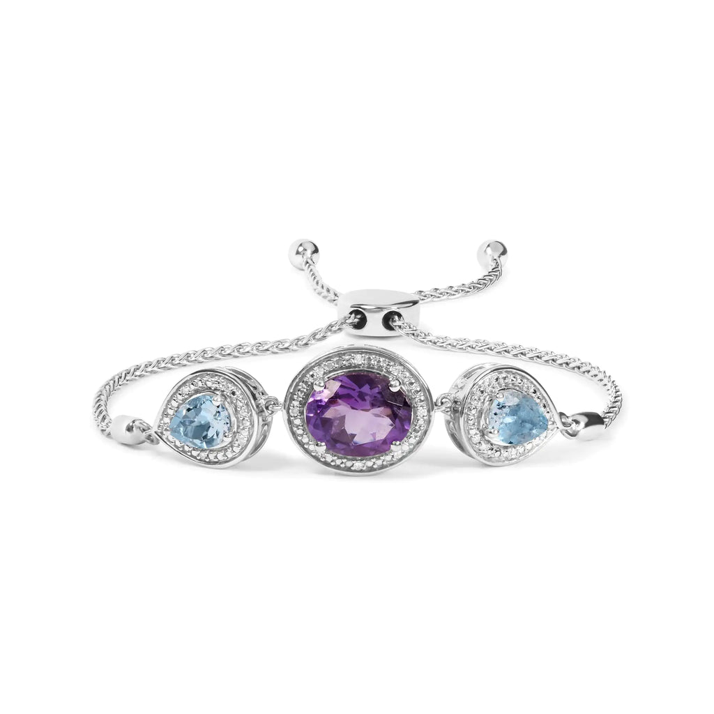 Style Loft Collection Oval Amethyst and Pear Blue Topaz .925 Sterling Silver with Diamond Accent Lariat 4”-10” Adjustable Bolo Bracelet (H-I Color, SI1-SI2 Clarity)