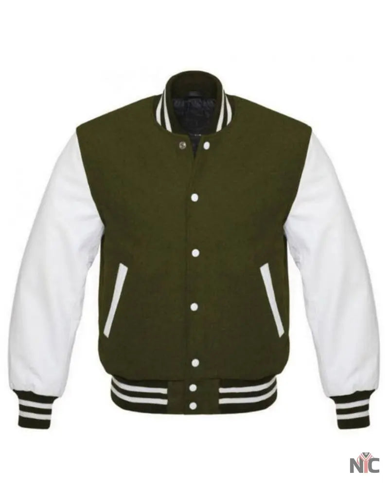 Olive Green And White Varsity Jacket