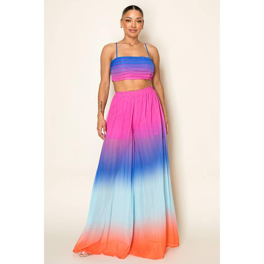 Ombre Pleated Bra Top &amp;amp; Wide Leg Pants Set | Rainbow Summer Beach Pool Attire