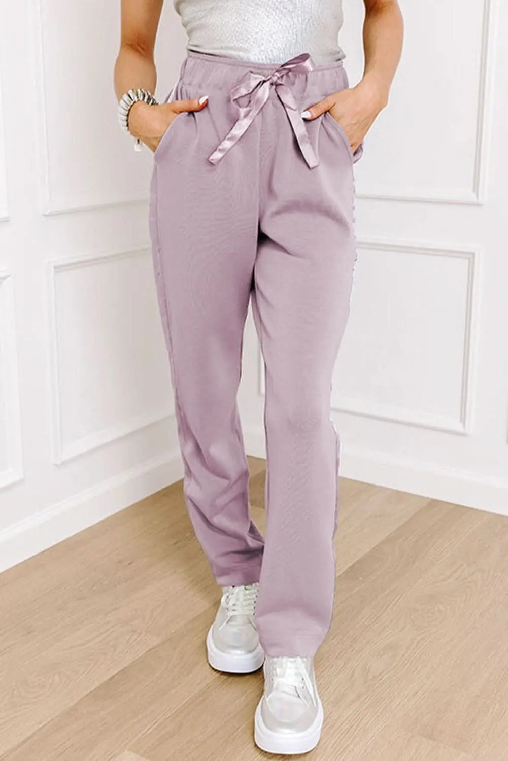 Love Salve Satin Stripe Pants Women&amp;#39;s Daily Wear Straight Leg Trousers - Drawstring, High Waist