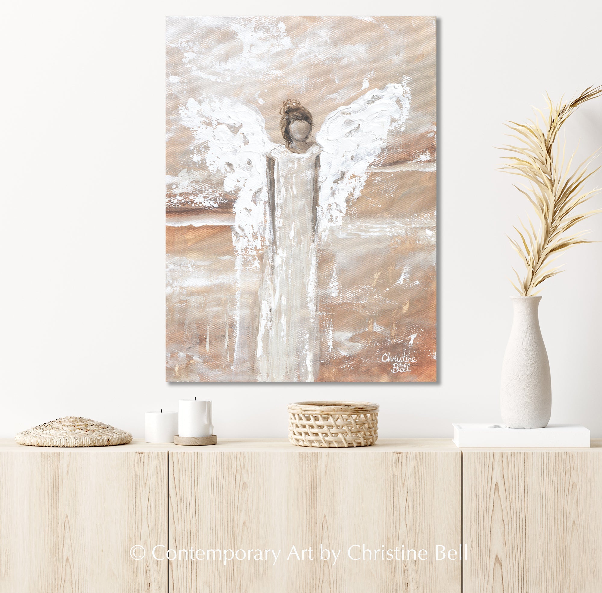 "She Bestows Strength" GICLEE PRINT, Angel Painting, Modern Neutral Guardian Angel