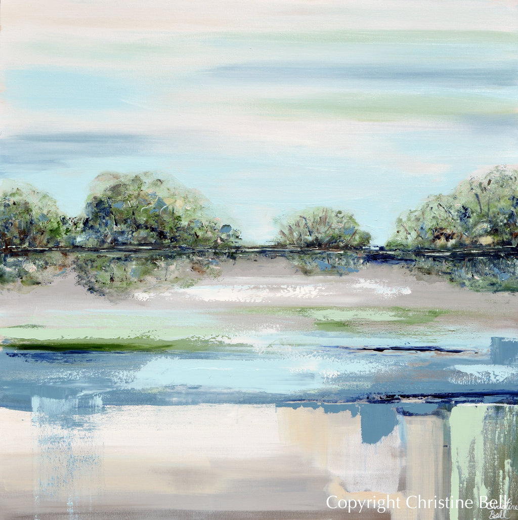 "Morning Meditation" GICLEE PRINT Art Coastal Abstract Painting Blue Green Grey Modern Landscape Trees