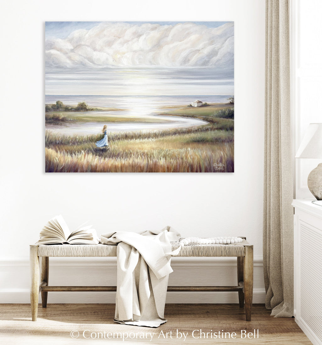 "In Her Own World" GICLÉE PRINT Landscape Oil Painting, Coastal Seascape Beach Figurative w/ Girl  30x24"