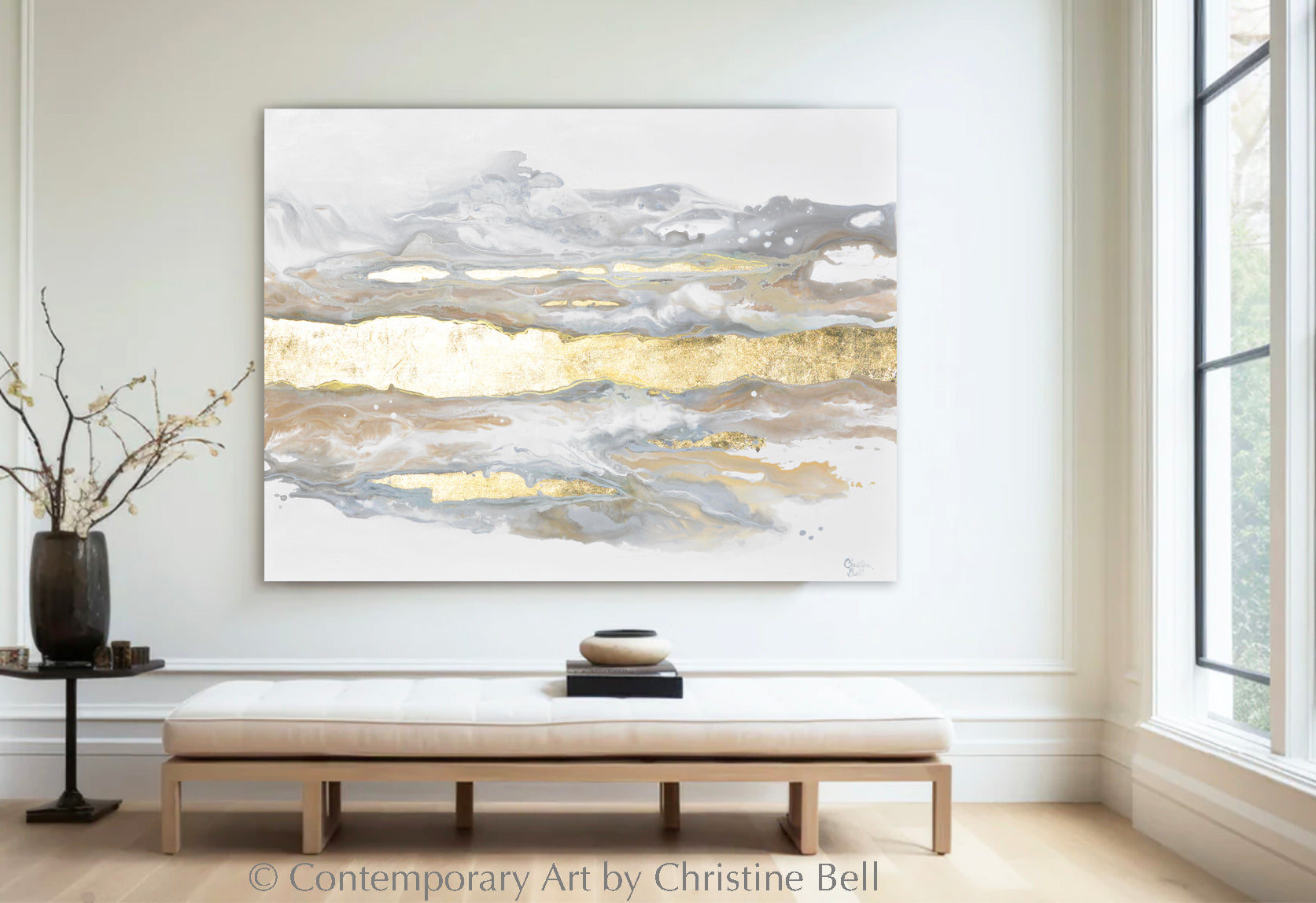 "Epiphany" GICLÉE PRINT, Neutral Coastal Abstract Painting, Gold Leaf