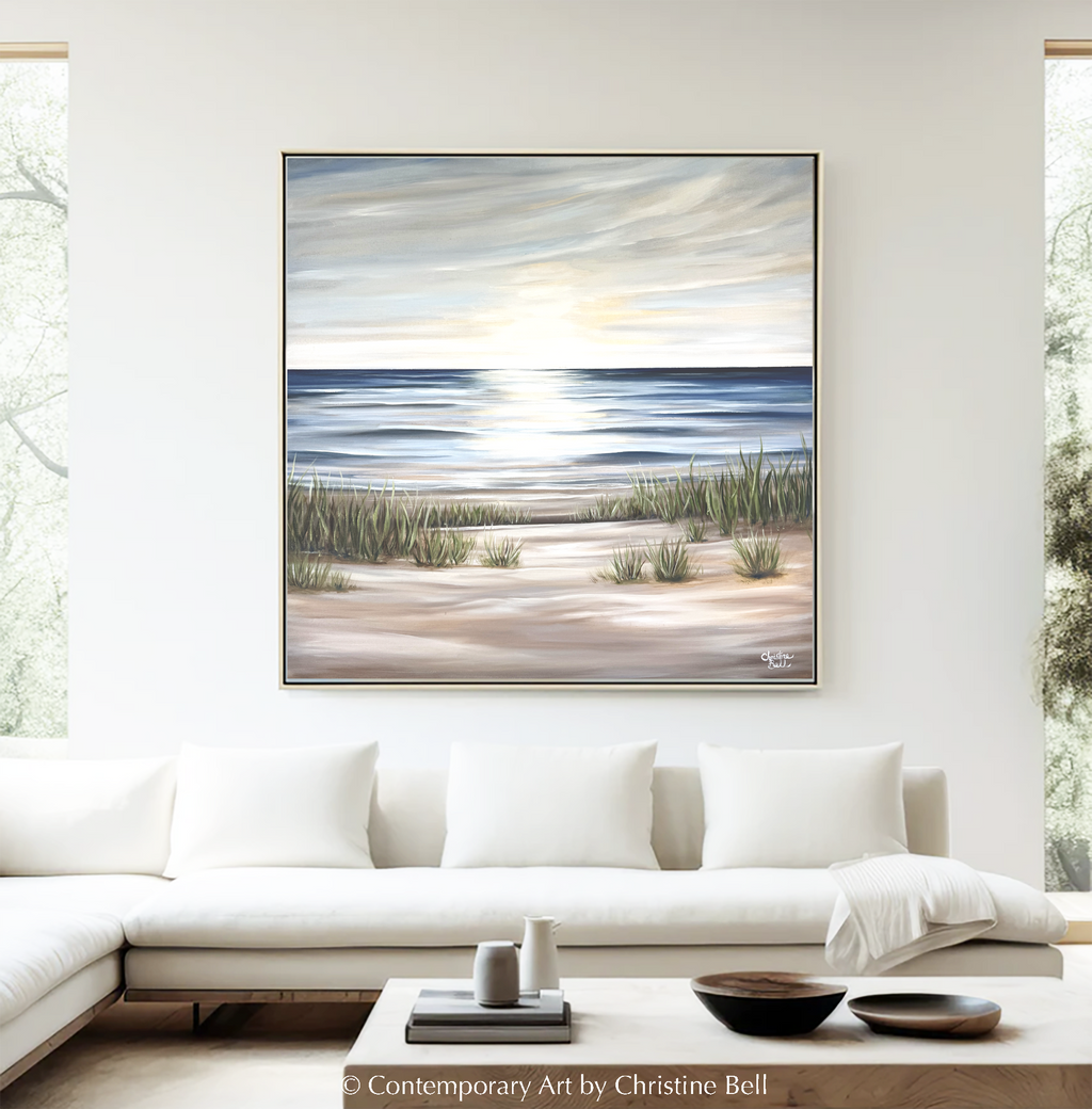"Sunlit Sea" GICLÉE PRINT Coastal Ocean Beach Painting, Seascape, Landscape, Seagrass, Light Blue, Beige, White