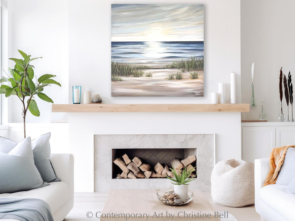 "Sunlit Sea" GICLÉE PRINT Coastal Ocean Beach Painting, Seascape, Landscape, Seagrass, Light Blue, Beige, White