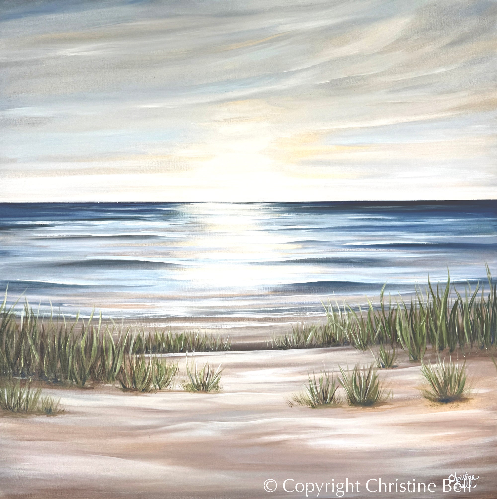 &amp;quot;Sunlit Sea&amp;quot; GICLÉE PRINT Coastal Ocean Beach Painting, Seascape, Landscape, Seagrass, Light Blue, Beige, White