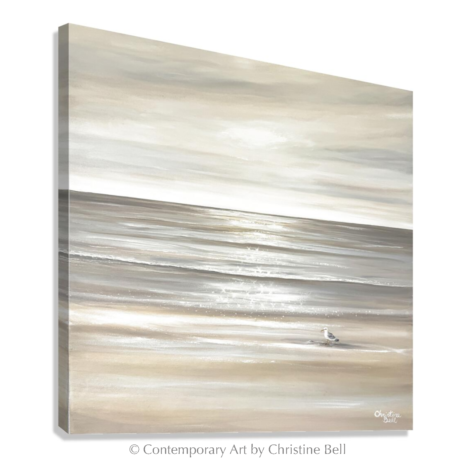 "Solo Reflections" GICLÉE PRINT Coastal Abstract Ocean Beach Painting, Neutral Seascape w/ Seagull