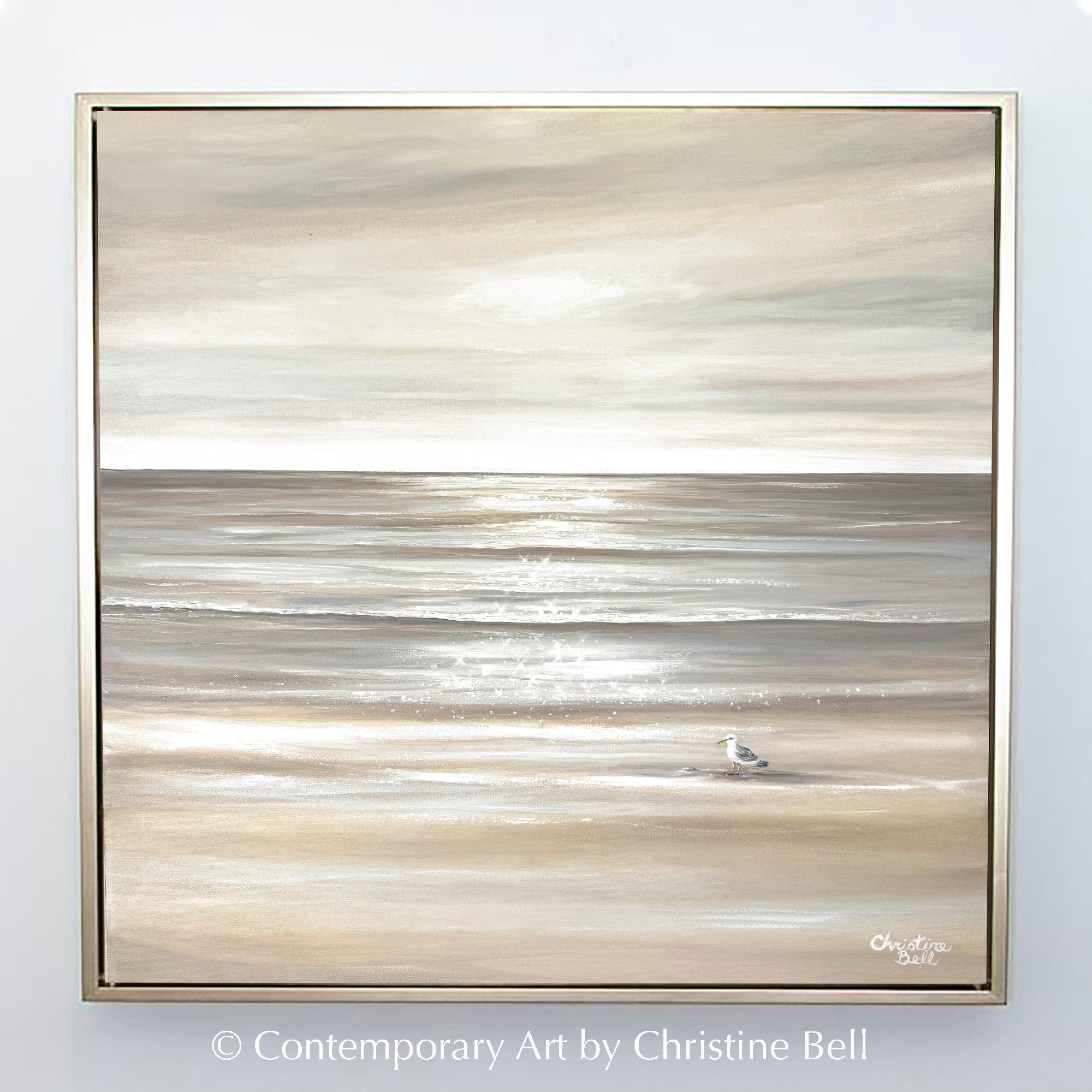 "Solo Reflections" GICLÉE PRINT Coastal Abstract Ocean Beach Painting, Neutral Seascape w/ Seagull