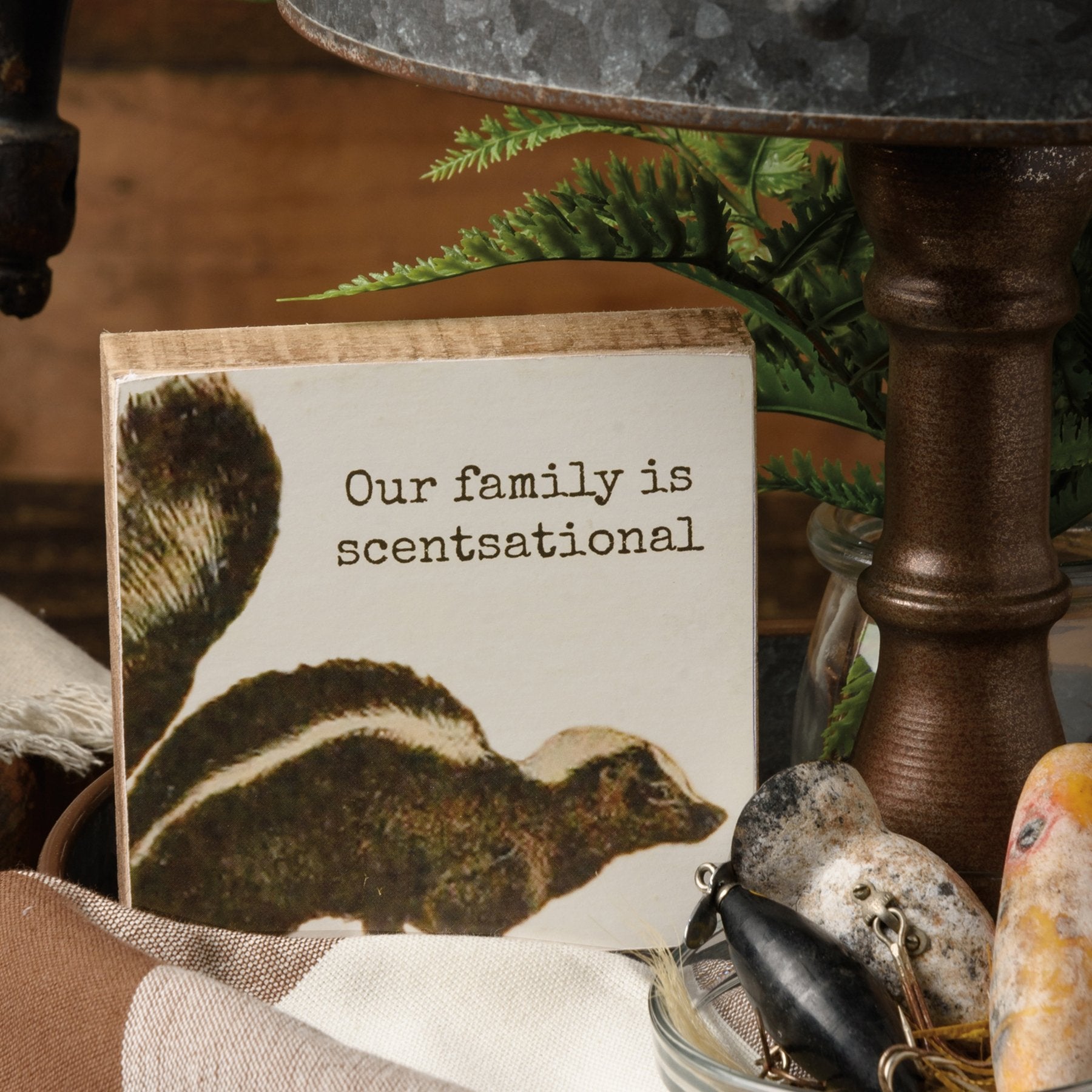 Our Family Is Scentsational Skunk Motif Punny Wooden Block Sign | 4&amp;quot; x 4&amp;quot;