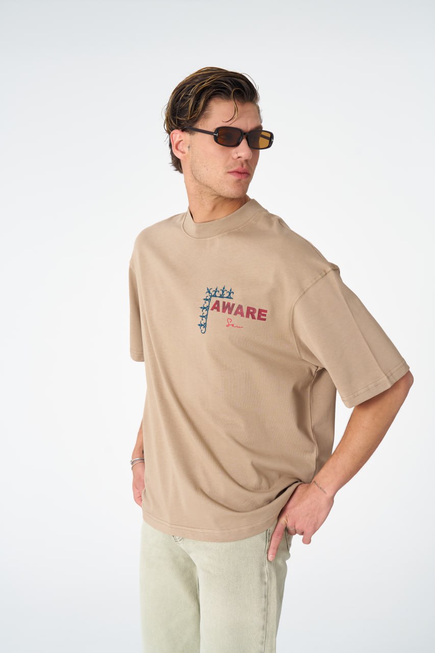 Oversize Cotton Tee / &amp;quot;AWARE&amp;quot; Dove Hands Symbolic Graphic Print