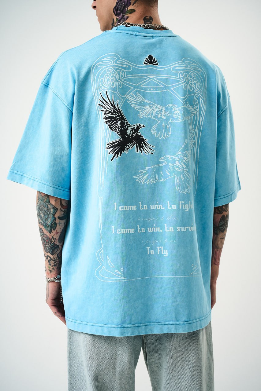 Oversize Cotton Tee - Crows and &amp;quot;To Fly&amp;quot; Graphic Print