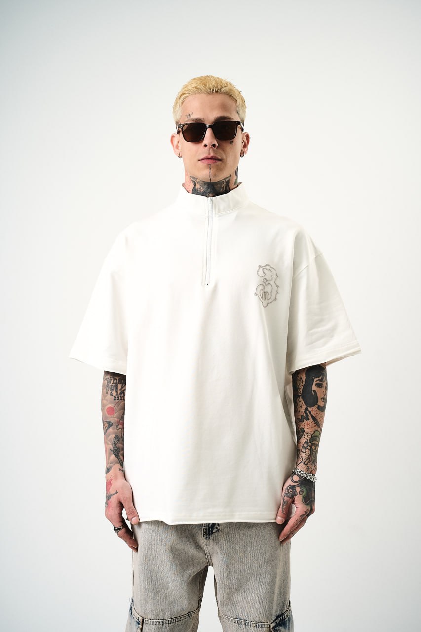 Oversize Cotton Tee - Half-Zip High Neck Chain Graphic Shirt