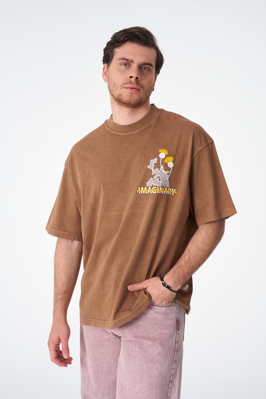 Oversize Cotton Tee - &amp;quot;IMAGINARY&amp;quot; Plant Graphic Print with Embroidery