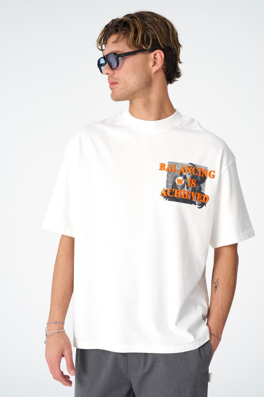 Oversize Cotton Tee / Mythical Bird &amp;amp; Waves Graphic Print &amp;quot;Balancing Is A Chaotic&amp;quot;