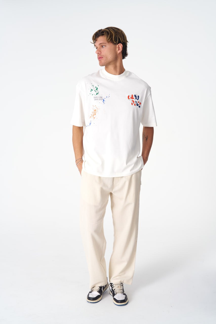 Oversize Cotton Tee / &amp;quot;Own Pace&amp;quot; Paint Splatter Graphic Print