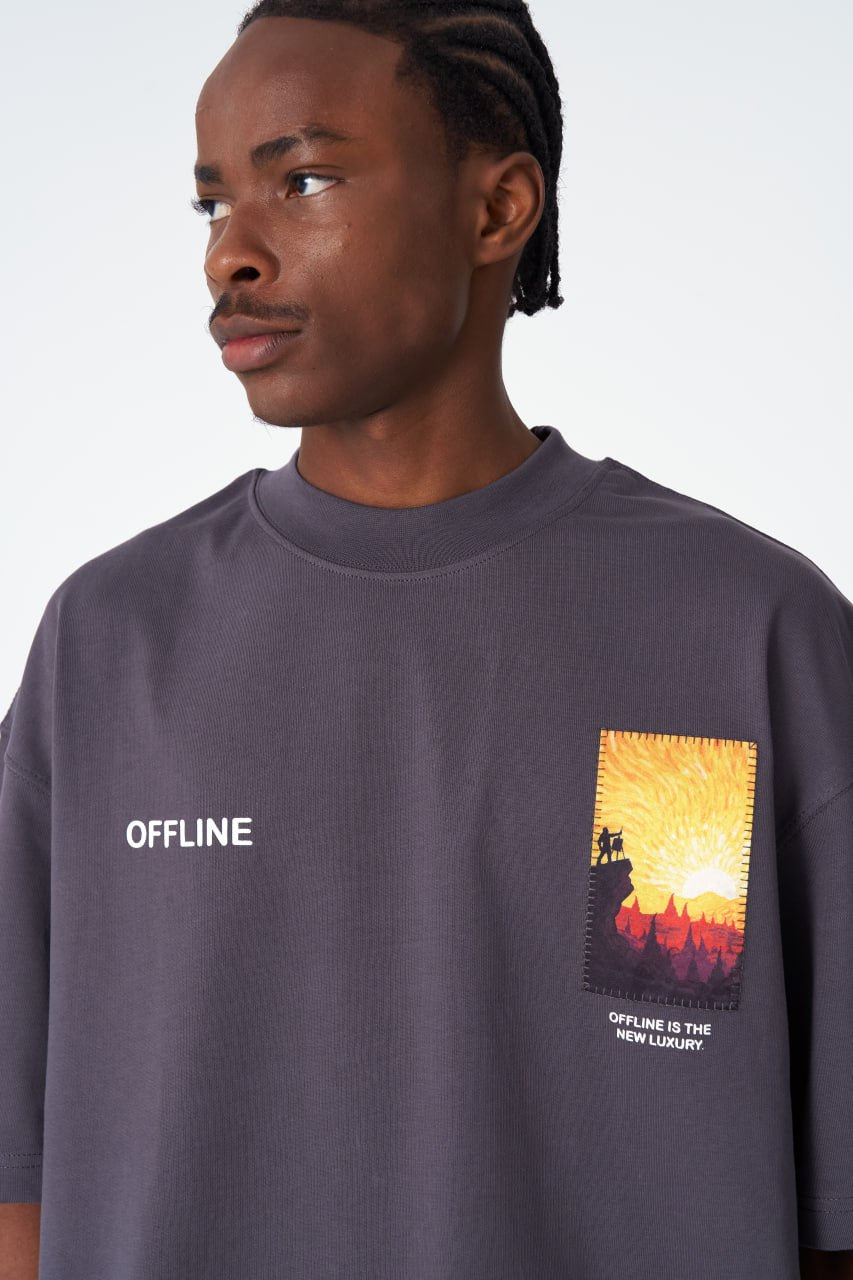 Oversize Cotton Tee / Sunset Birds &amp;amp; Boat Graphic Print &amp;quot;Offline Is The New Luxury&amp;quot;