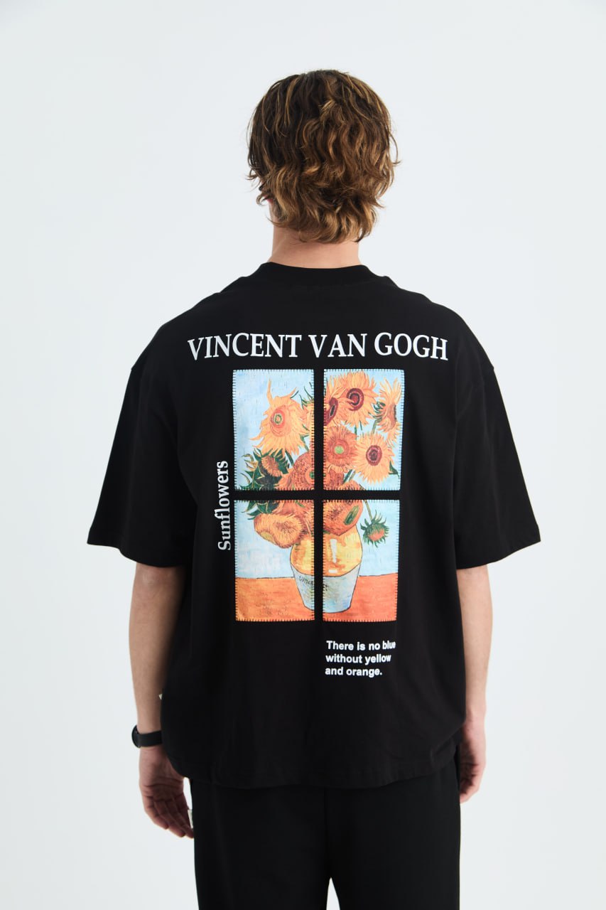 Oversize Cotton Tee - Van Gogh Sunflowers Art Print with Quote