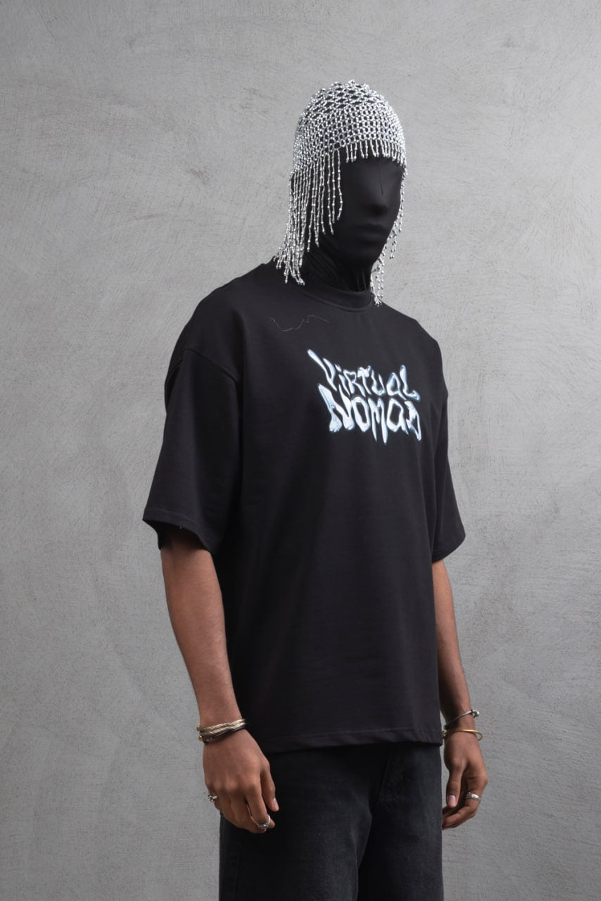 Oversize Cotton Tee – &amp;quot;Virtual Nomad&amp;quot; Graphic Print