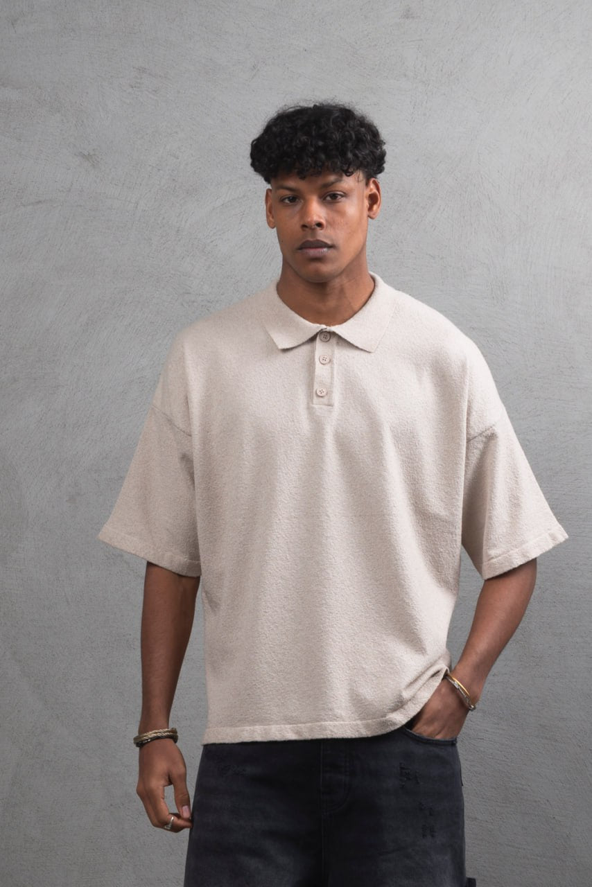 Oversize Textured Cotton Polo Tee – 3-Button Collar Relaxed Fit Shirt