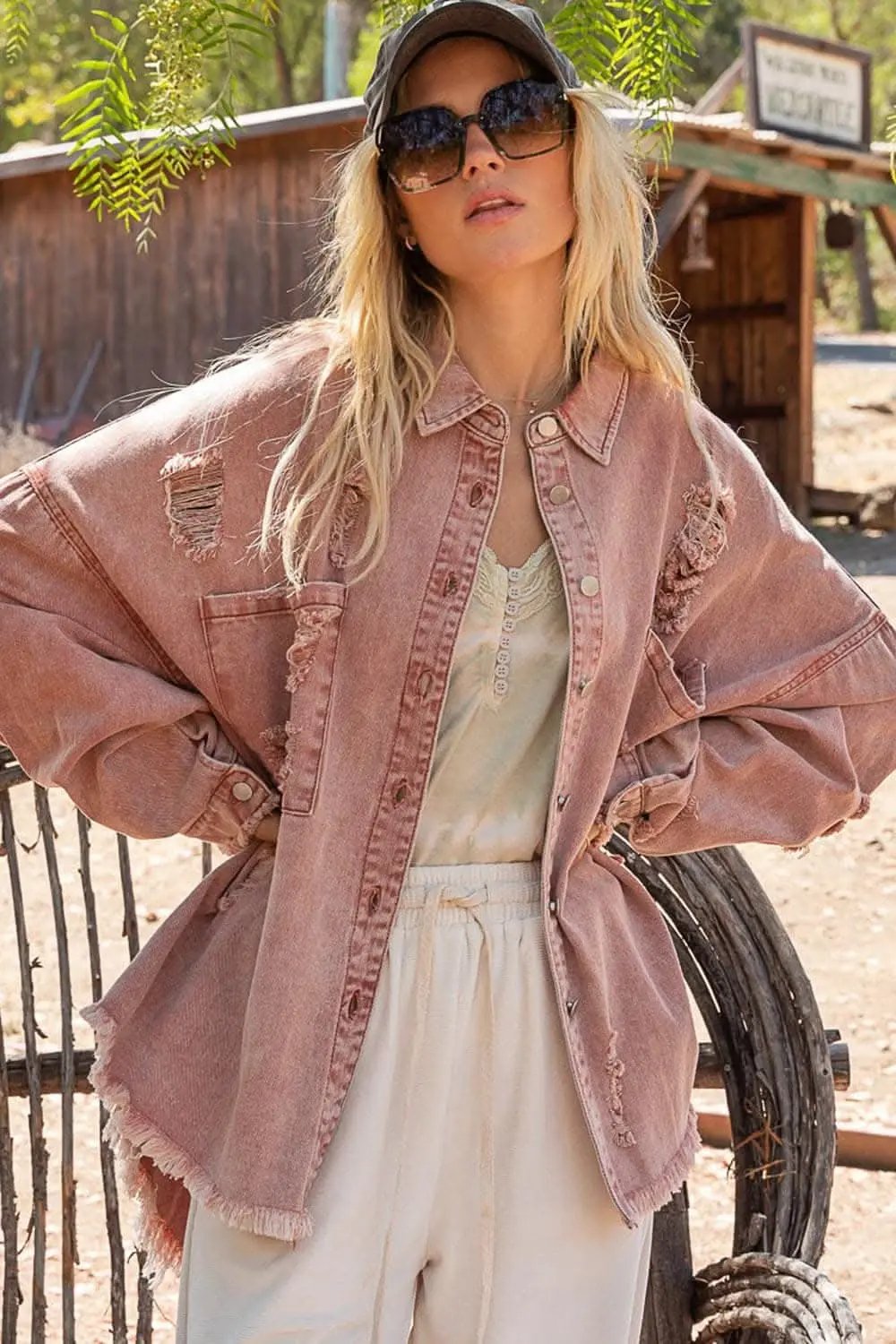 Trendsi Distressed Shacket Women&amp;#39;s Casual Raw Hem Button Down Top USA Ship