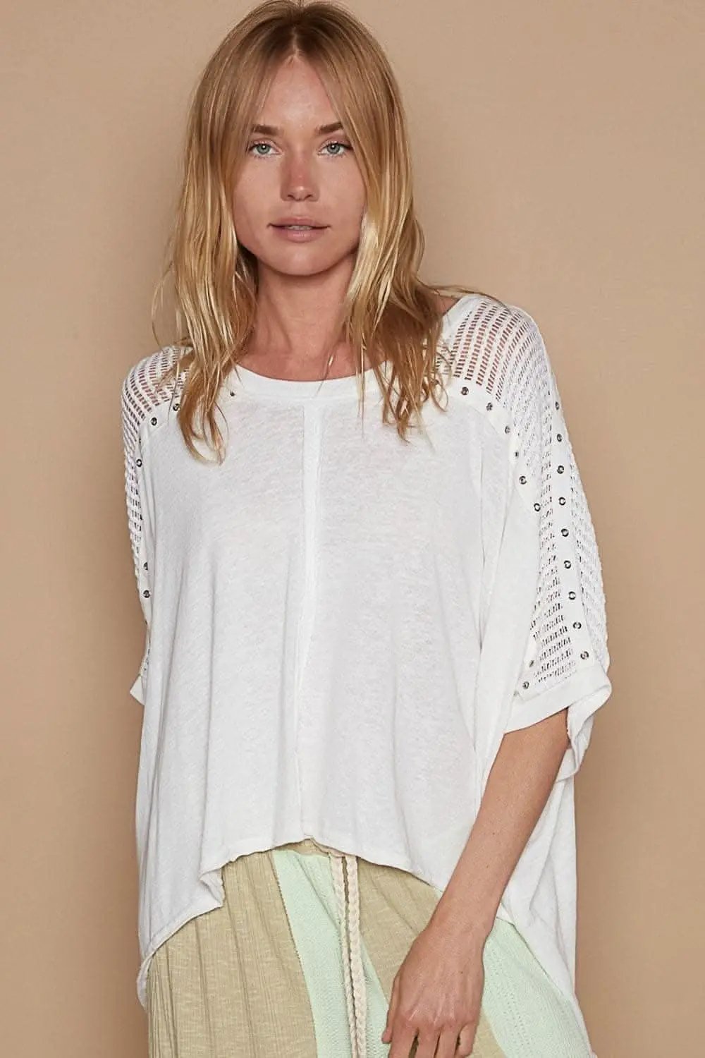 Trendsi Eyelet Studded Top Women&amp;#39;s High-Low T-Shirt Trendy USA Shipped