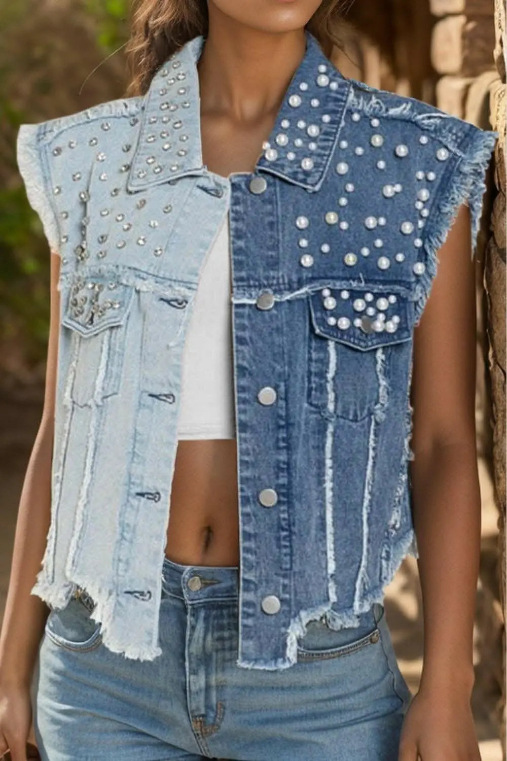 Jeans &amp;amp; Denim Pearl detail denim vest for women