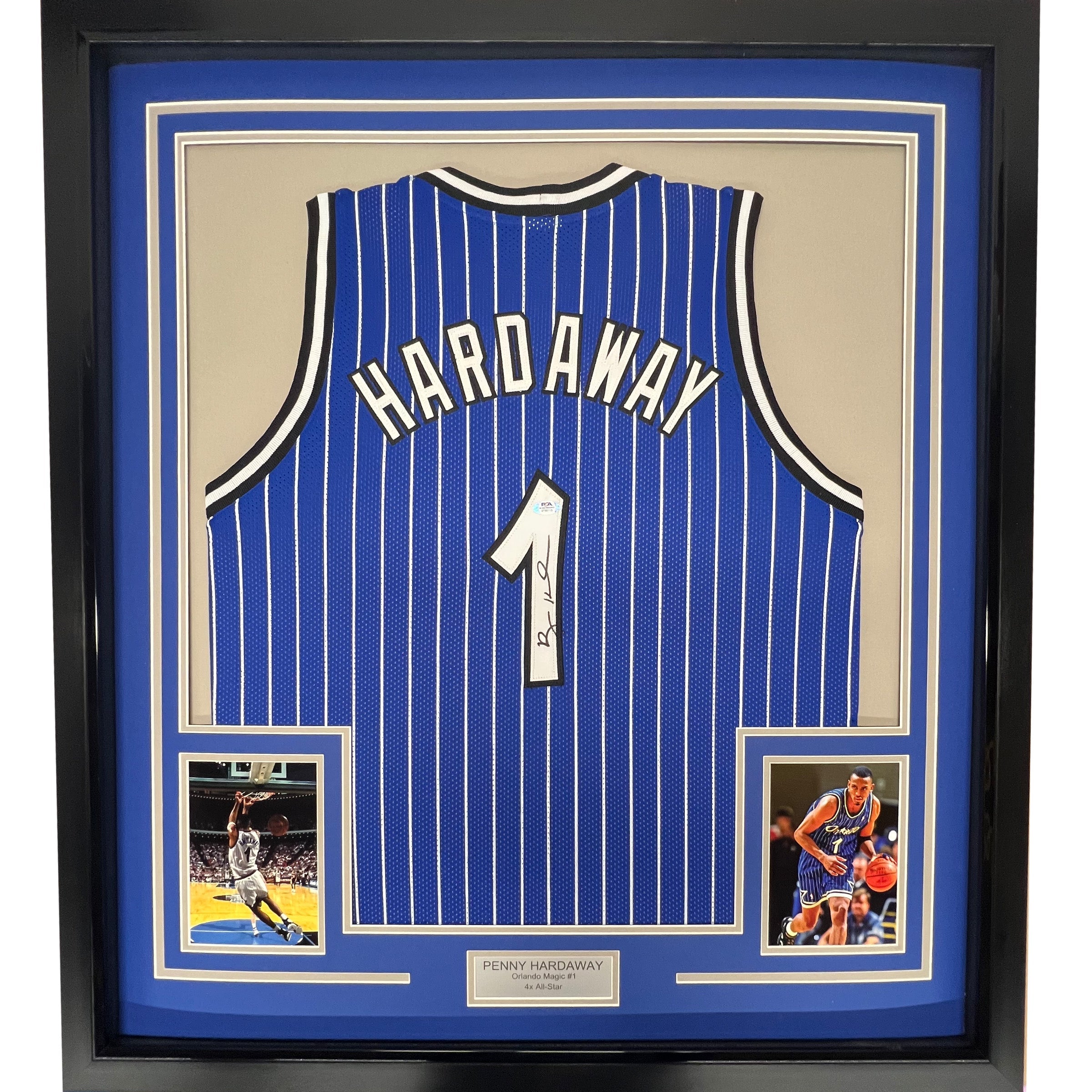 Framed Autographed/Signed Anfernee Penny Hardaway 35x39 Orlando Blue Pinstripe Basketball Jersey PSA/DNA COA
