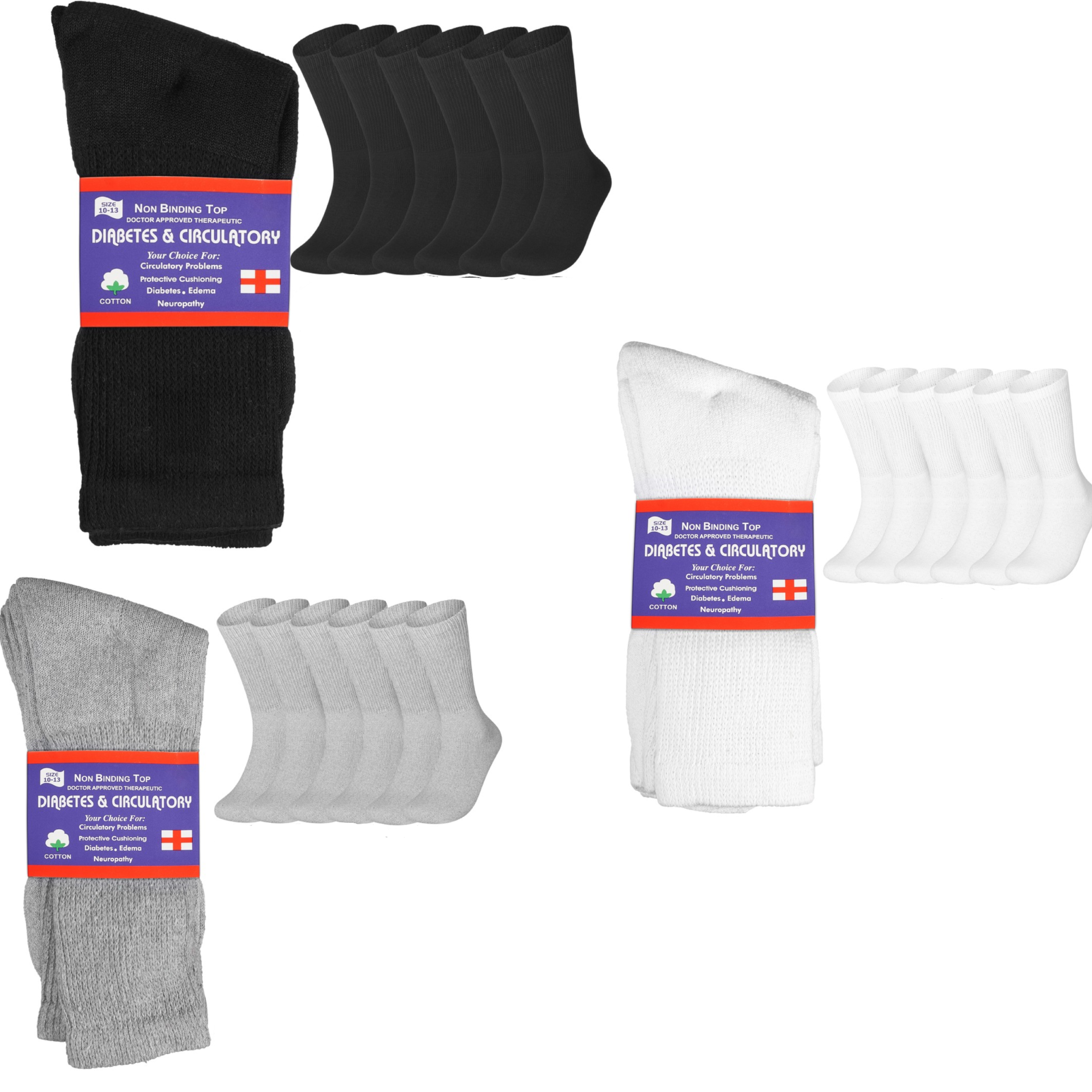 3-12 Pairs Health Circulatory Crew Cotton Diabetic Socks White 9-11 10-13 13-15
