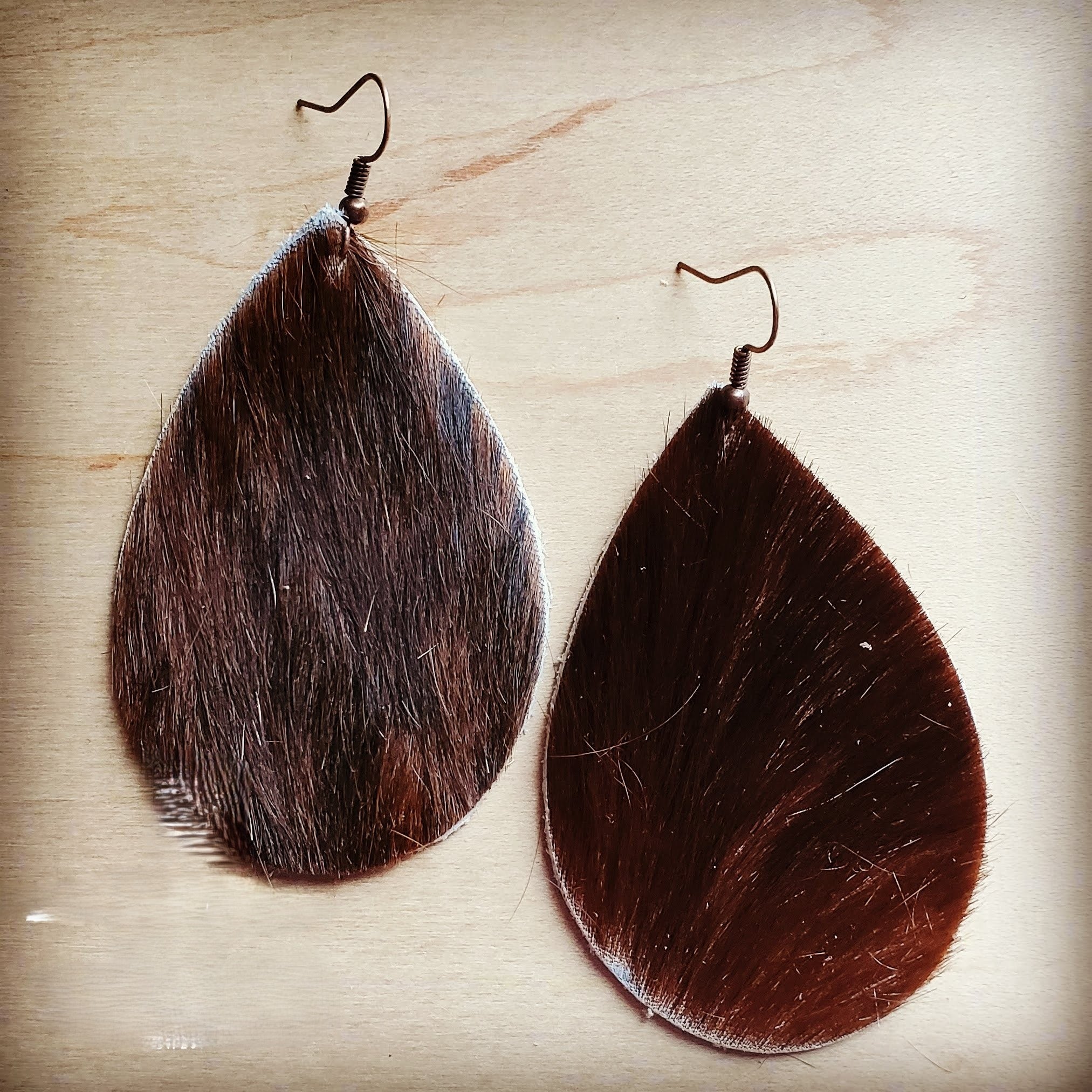 **Leather Teardrop Earrings in Brown Hair on Hide 202m