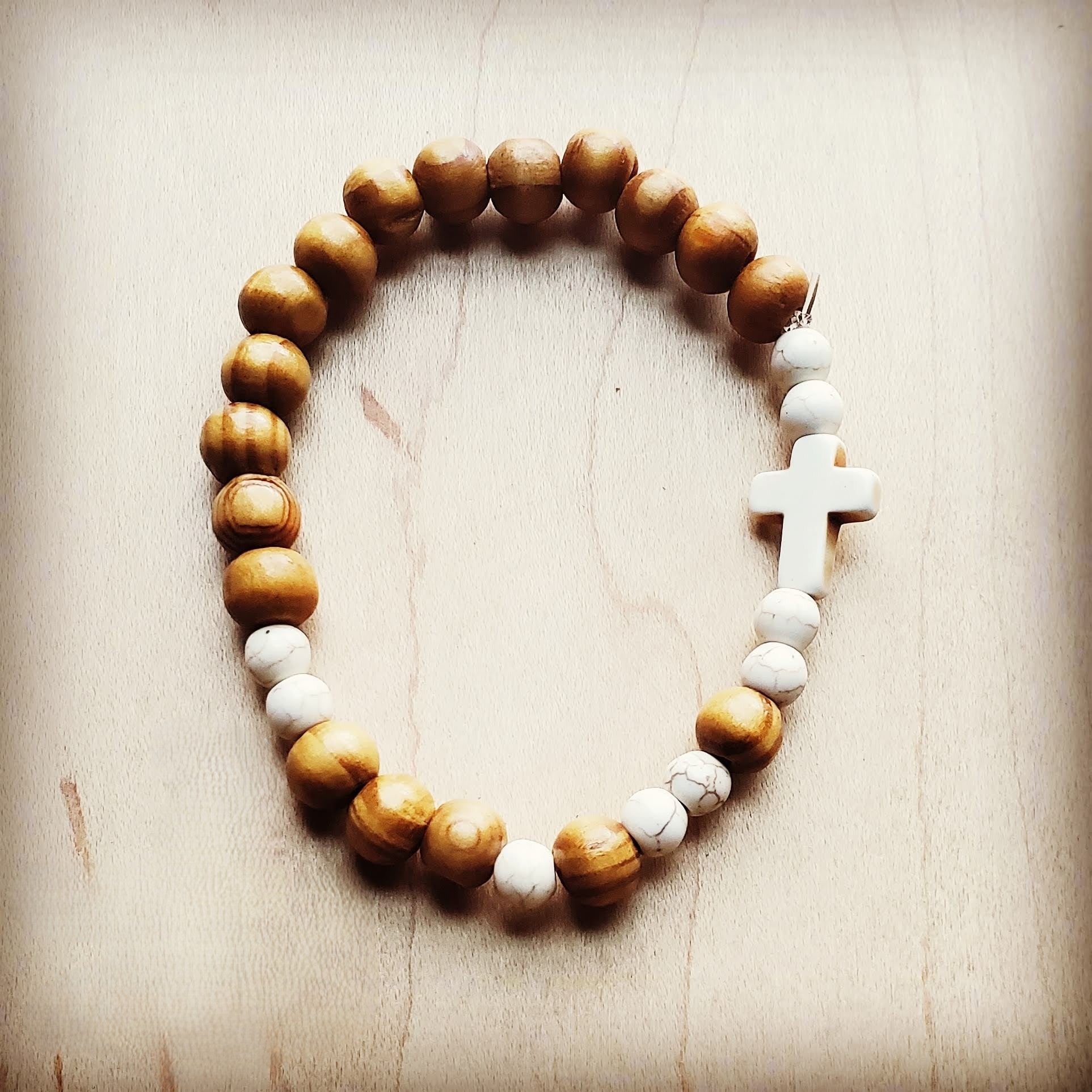 Stretch Bracelet Wood &amp;amp; White Turquoise Beads 804c