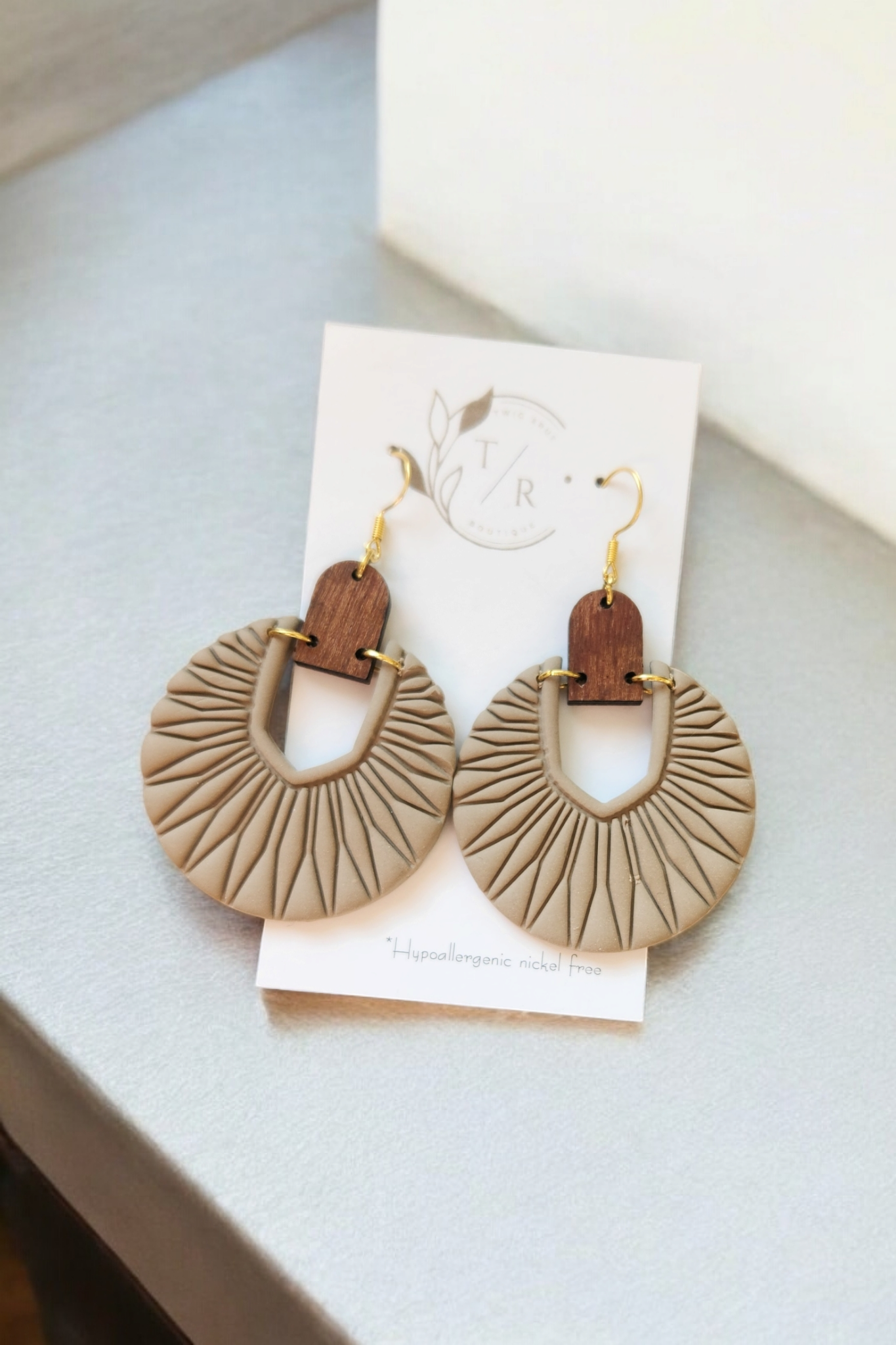 Luna| Embossed Clay & Wood statement earring