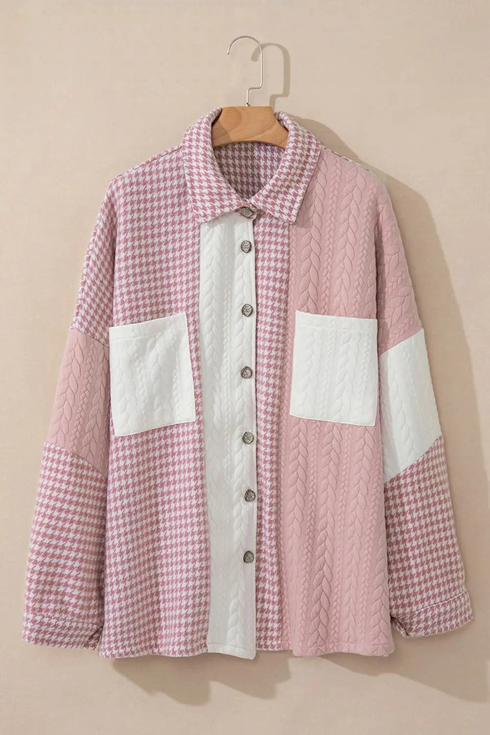 Love Salve Pink Houndstooth Women&amp;#39;s Shacket: Casual Chic Color Contrast Textured Patchwork
