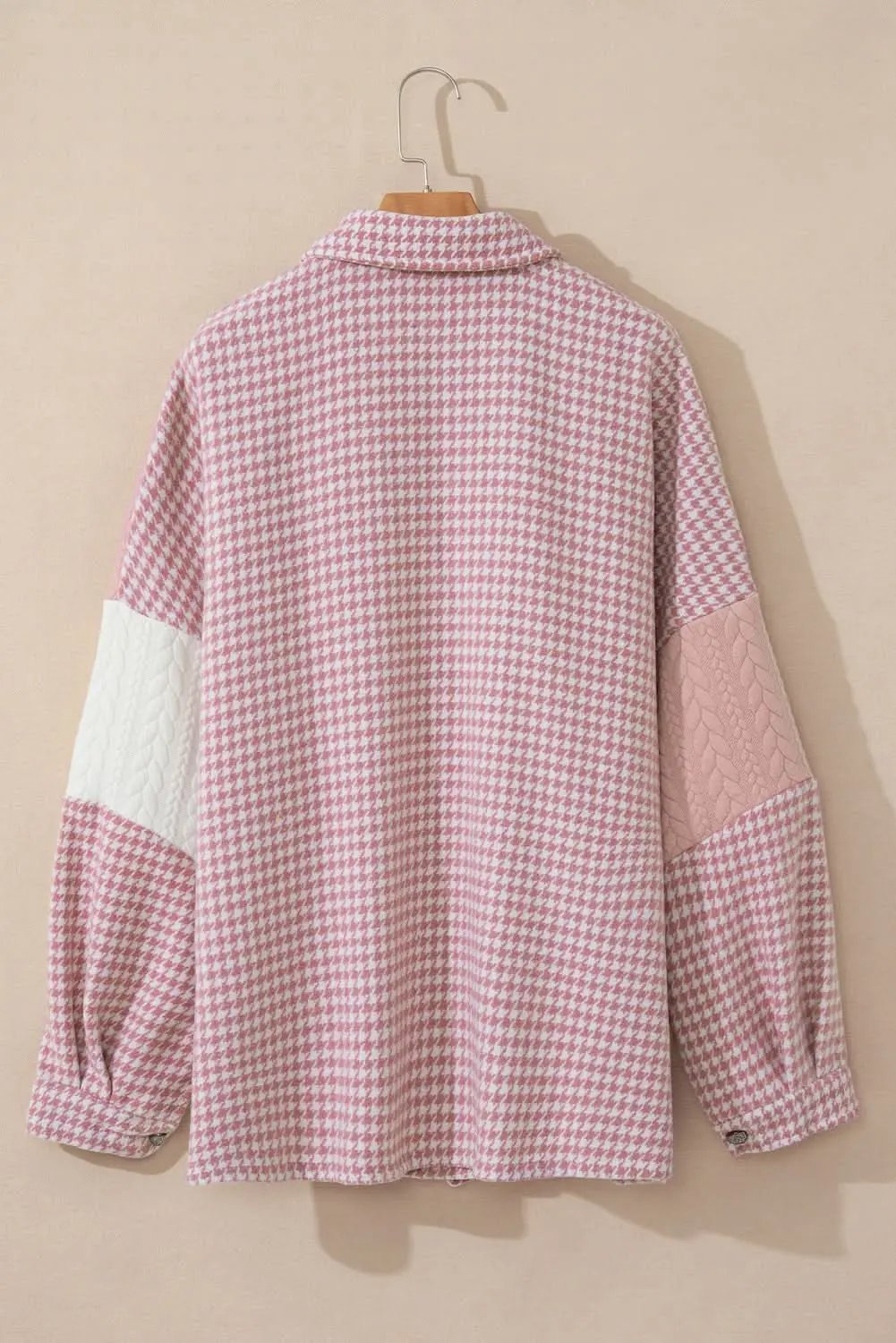 Love Salve Pink Houndstooth Women&#39;s Shacket: Casual Chic Color Contrast Textured Patchwork
