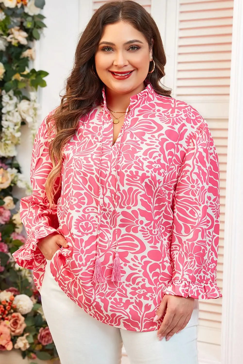 Love Salve Pink Floral Top Women&amp;#39;s Plus Size Daily Wear Blouse Frilled Neck, Puff Sleeve