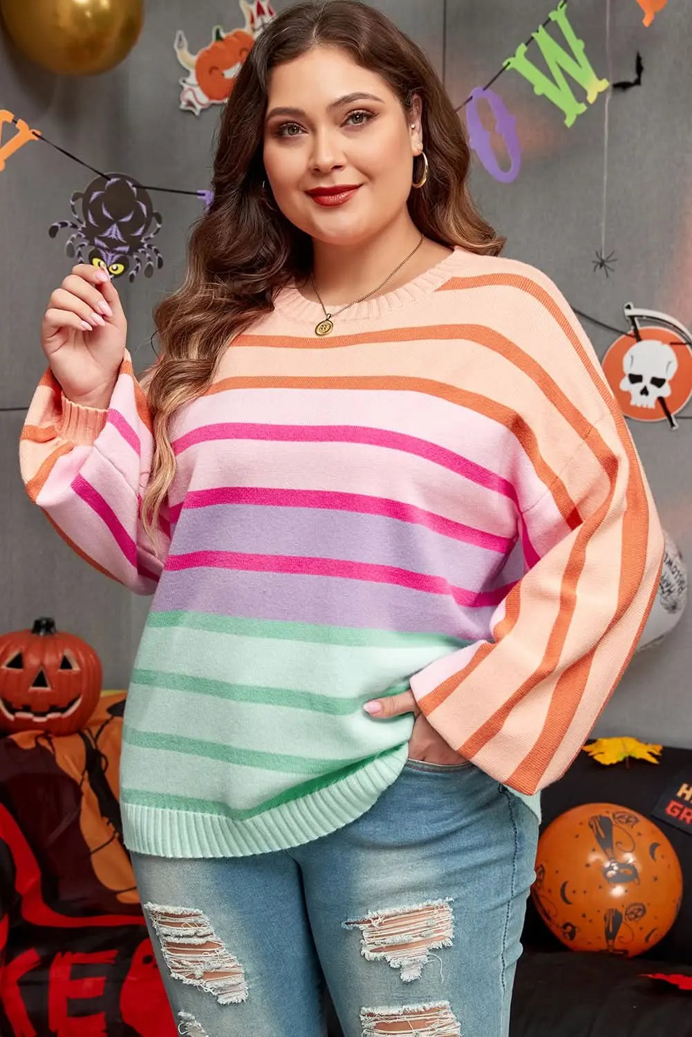 Love Salve Pink Stripe Sweater Women&amp;#39;s Daily Wear Crewneck Sweater: Balloon Sleeves, Plus Size