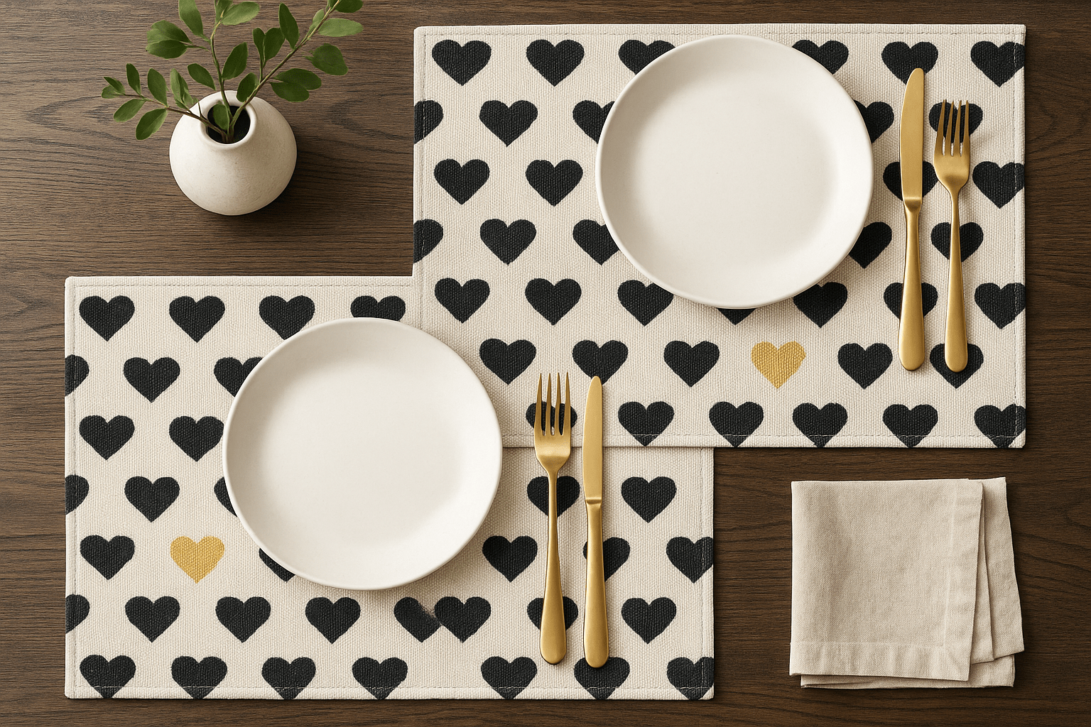 DaDa Bedding Set of 4-Pieces Lovely Yellow &amp;amp; Black Hearts Tapestry Dining Table Placemats 13” x 19” (18113)