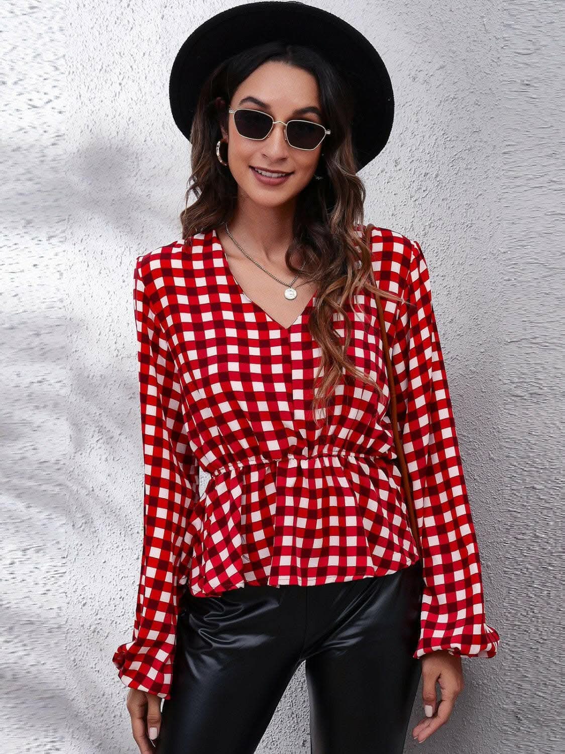 Plaid Peplum Blouse with V-Neck