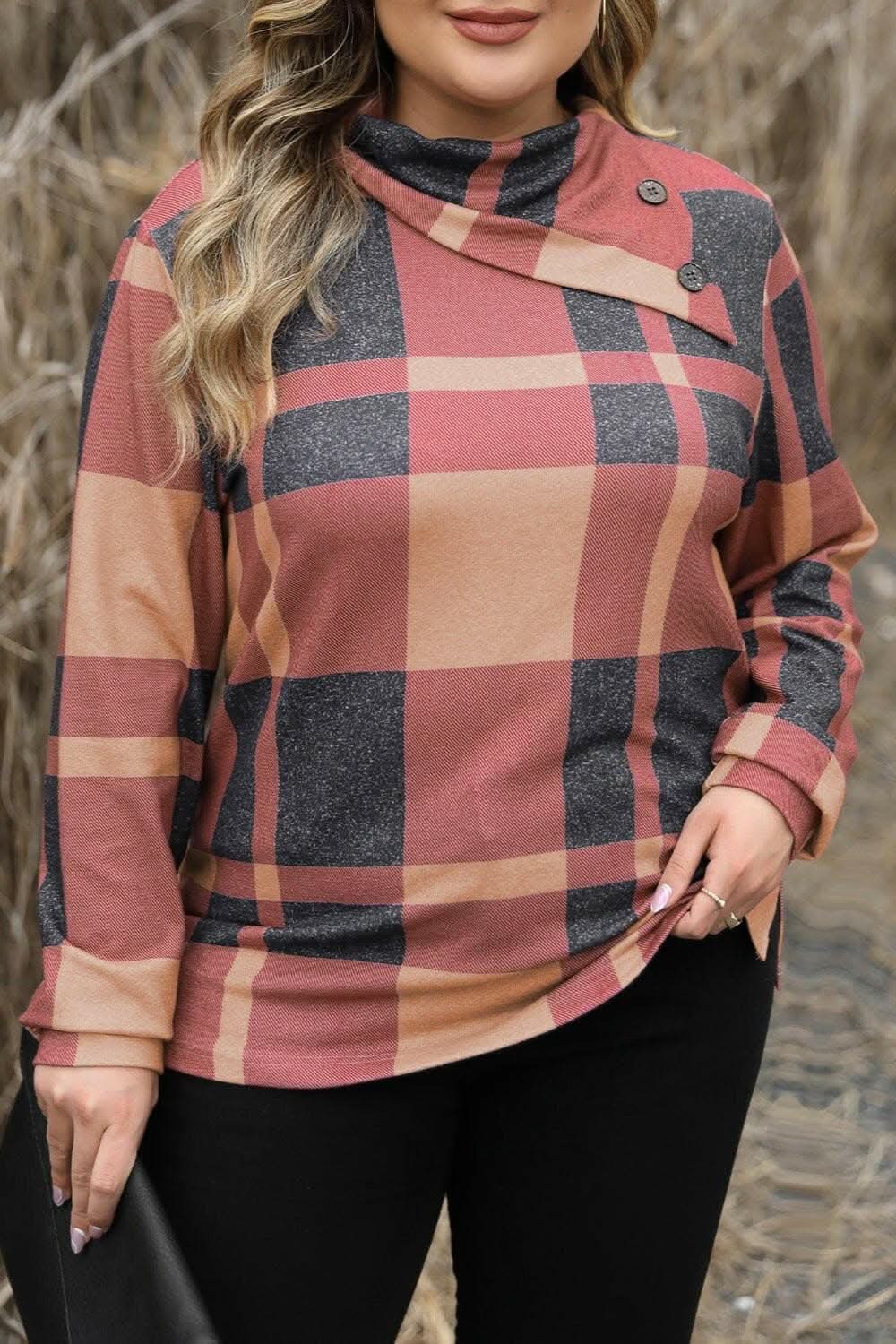 Plaid cowl neck plus size sweatshirt