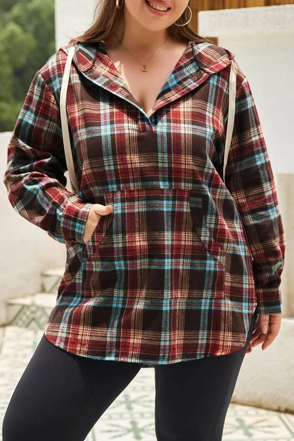 Trendsi Plaid plus size hoodie with drawstrings