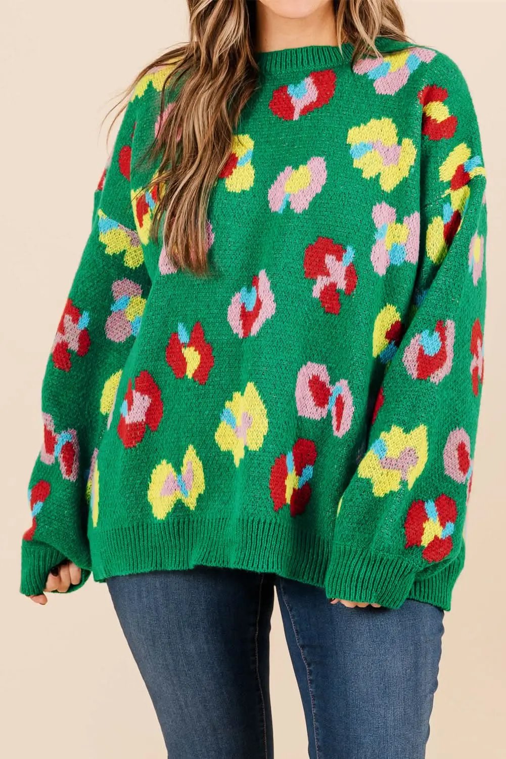Love Salve Green Floral Plus Size Women&amp;#39;s Sweater Casual Winter Top, Soft Knit