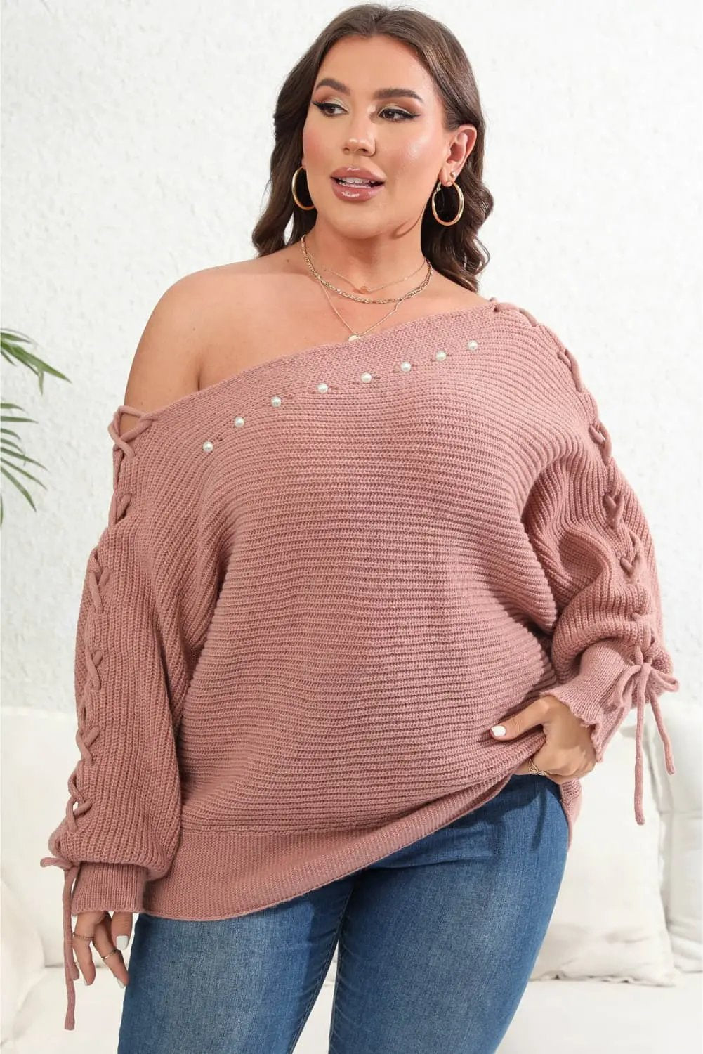 Trendsi Plus Size One Shoulder Sweater Women&amp;#39;s Beaded Elegant Top Comfortable Fit