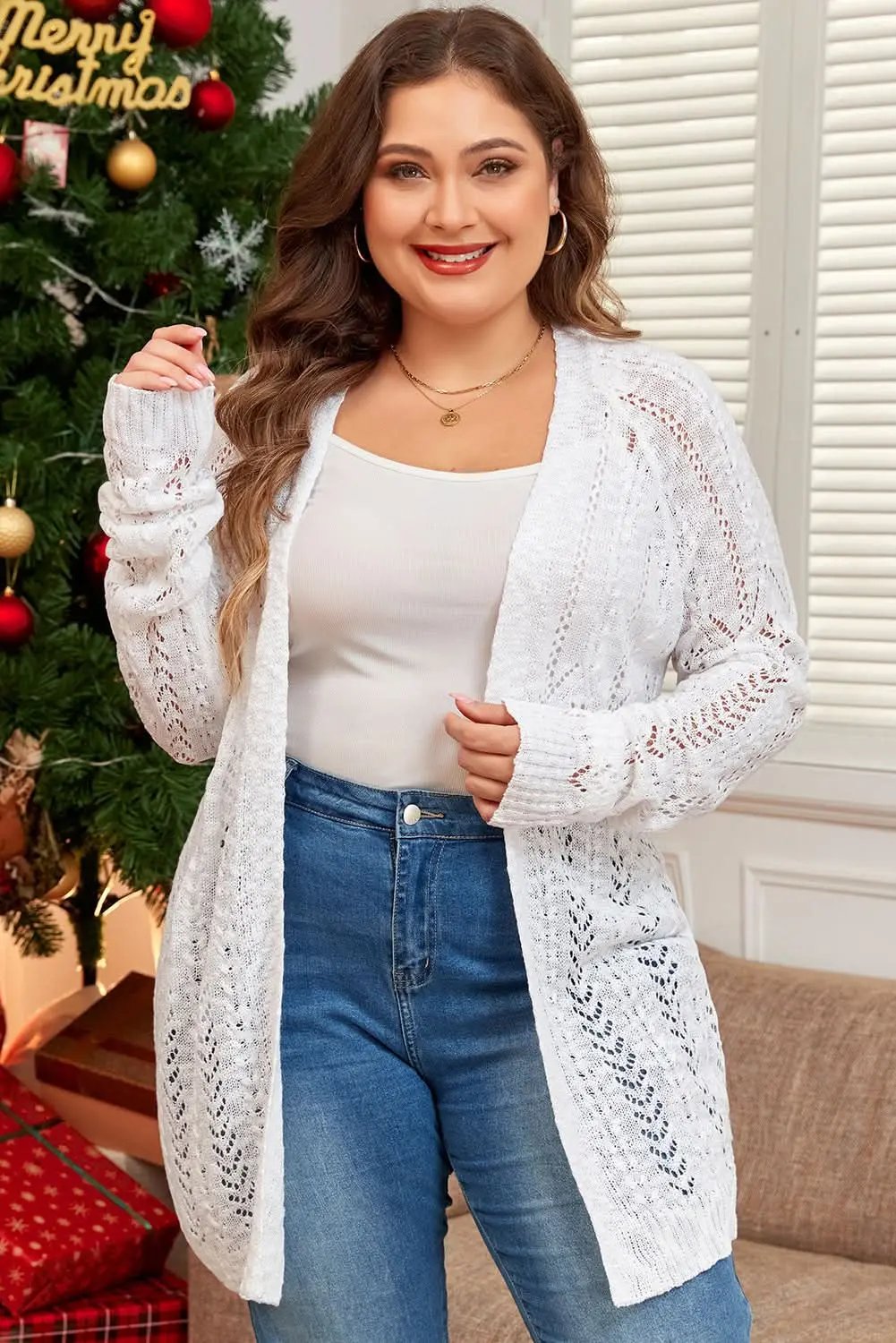Love Salve White Acrylic Cardigan Women&amp;#39;s Plus Size Open Front Knitwear - Stylish Layering