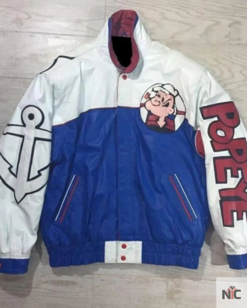 Popeye The Sailor Man Blue And White Leather Jacket