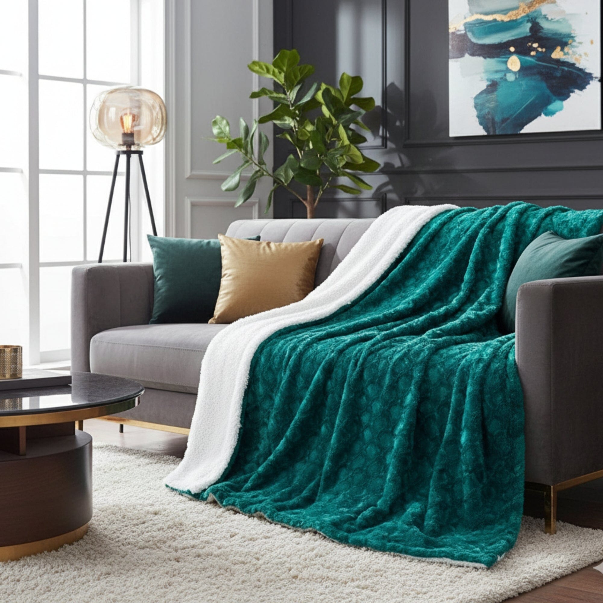 DaDa Bedding Mermaid Scales Emerald Green Blue w/ Sherpa Backside Faux Fur Throw Blanket (BL-171805)