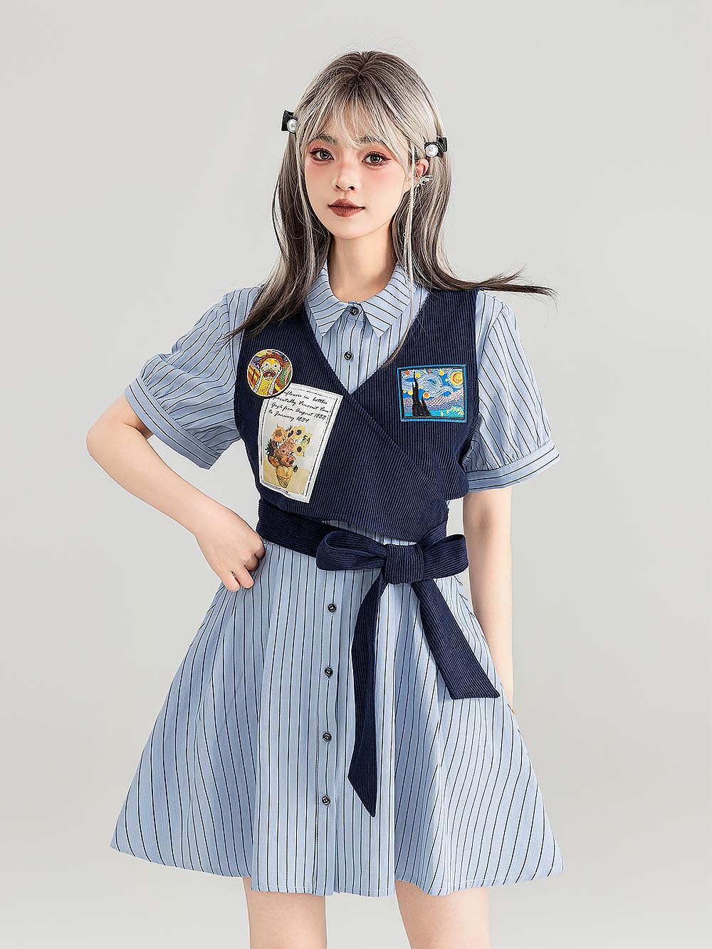 Preppy Corduroy Tie Vest Layered Shirt Dress | ZAKAPOP