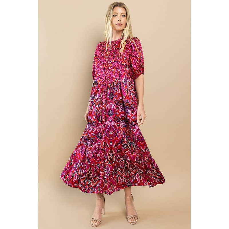 Printed Ruffle Hem Short Sleeve Midi Dress in Red [Size SM-L]
