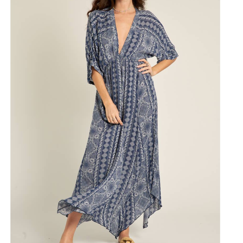 Printed Stripe Kimono Sleeve Maxi Dress [Available in Small and Large Only]