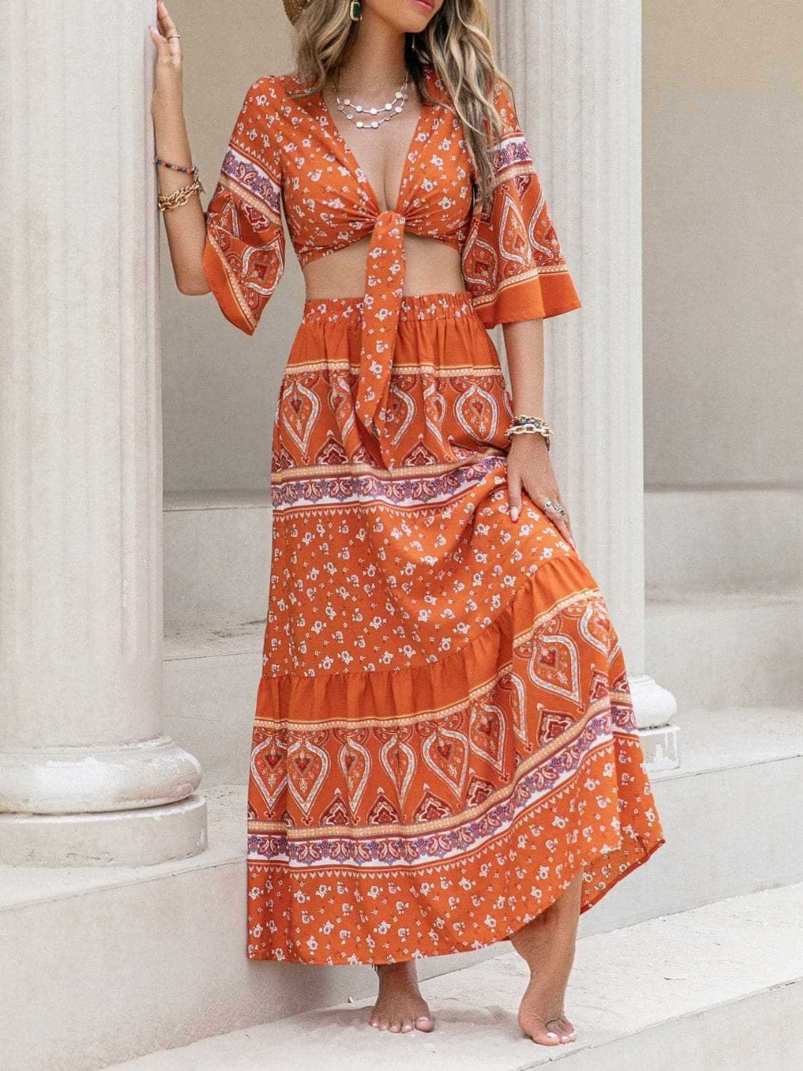 Printed plunge top and skirt set