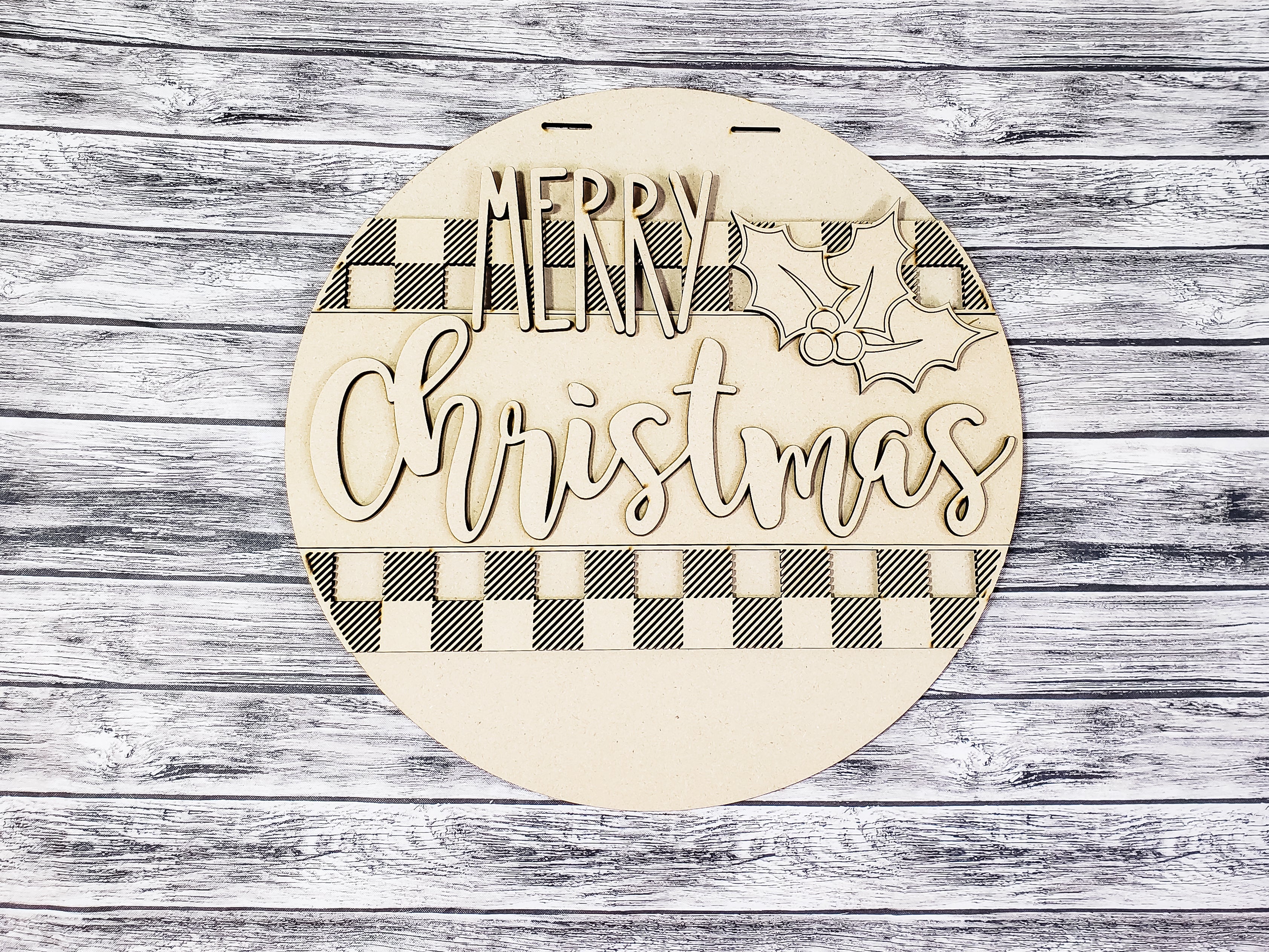 MERRY Christmas Holly Buffalo Plaid Door Hanger Unfinished Kit
